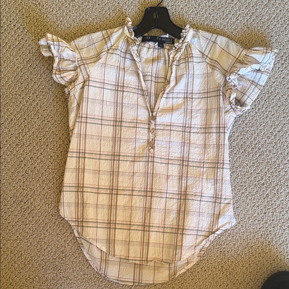 M. Rena Ivory Plaid Henley Top with Ruffle Sleeves